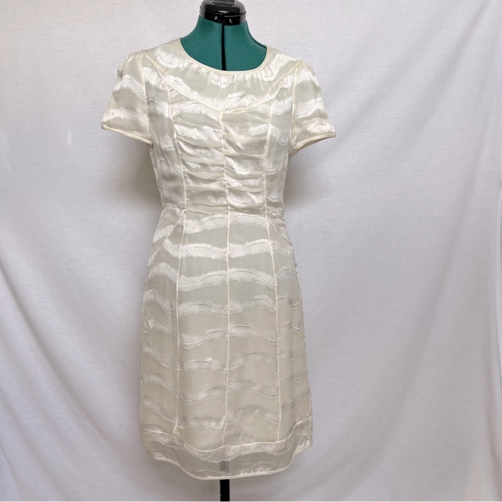 Richard Chai Cream Silk Blend Fitted Dress with Crew Neck